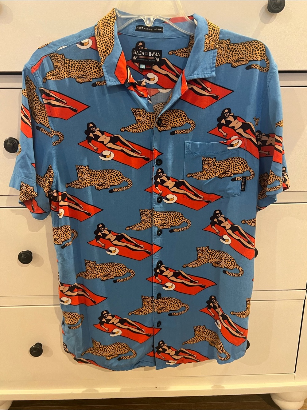 Baja East Blue Shirt with Red & Tan Leopard and Lounging Woman Print